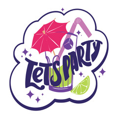 Let's party. Hand drawn sticker, banner. Vector illustration
