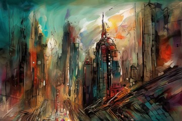 Nowy Jork abstrakcja kolorowa grafika surrealizm Generative AI - obrazy, fototapety, plakaty