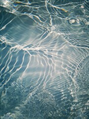 Defocus blurred transparent blue colored clear calm water surface texture with splashes and bubbles. Trendy abstract nature background. Water waves in sunlight with copy space. Blue water shine