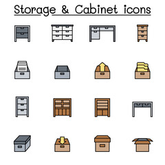 Cabinet, Drawer, Table and Storage color line icon set
