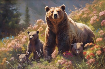 Mother grizzly with her beautiful bear cubs