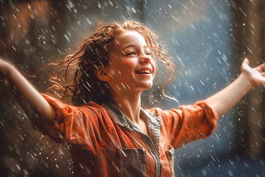 Girl Dancing Full Of Joy In The Rain