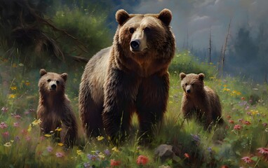 Mother Grizzly Bear with her cubs 