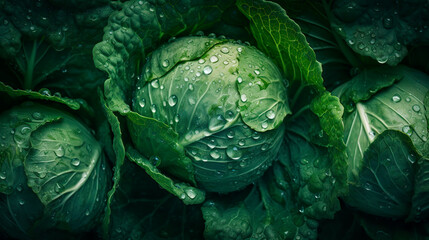 Obraz premium Сlose-up of an cabbage with water drops on it as background