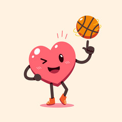 Vector cartoon heart character with basketball for design.