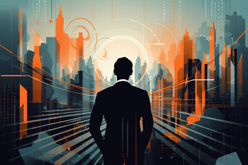Rear view of a businessman in suit on background of city. Business background, flat illustration, Generative AI