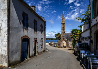 Picturesque Alley And Church Of Finistere Village Landevennec In Nature Park Amorique In Brittany,...