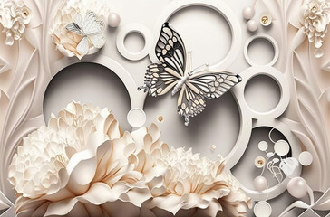 3D wallpaper white flower with 3d background and butterfly elegant design, Generative AI
