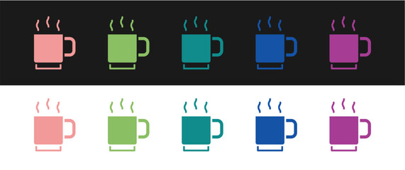 Set Coffee cup icon isolated on black and white background. Tea cup. Hot drink coffee. Vector
