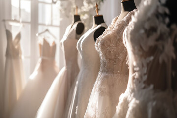 Various elegant wedding dresses in shop. 