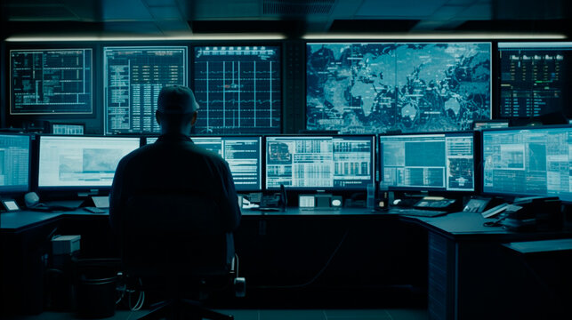 A Security Man Sitting in Front of a Large Panel with Screens in a Control Room. Generative AI