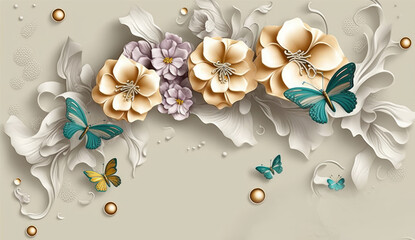 3D wallpaper flower and butterflies on texture background design for home interior, Generative AI