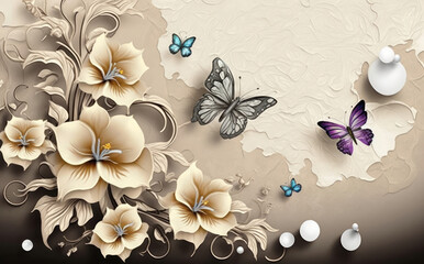3D wallpaper flower and butterflies on texture background design for home interior, Generative AI