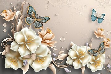 3D wallpaper flower and butterflies on texture background design for home interior, Generative AI