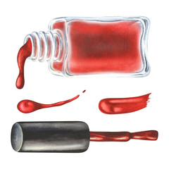Watercolor illustration. Red nail polish is poured from a bottle, a lid with a brush and a smear of paint. Isolated on a white. For manicure masters, beauty salons, cosmetic stores