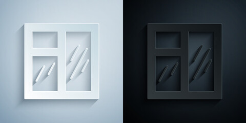 Paper cut Window in room icon isolated on grey and black background. Paper art style. Vector