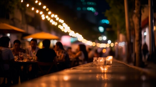 Bokeh background of Street Bar beer restaurant, outdoor in asia, People sit chill out and hang out dinner and listen to music together in Avenue, Happy life ,work hard play hard. Generative AI