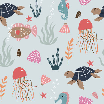 Seamless sea pattern with turtles, jellyfish, shells, corals, bubbles, algae, rocks, fish, seahorses on green background.  used as textiles  wallpaper and print