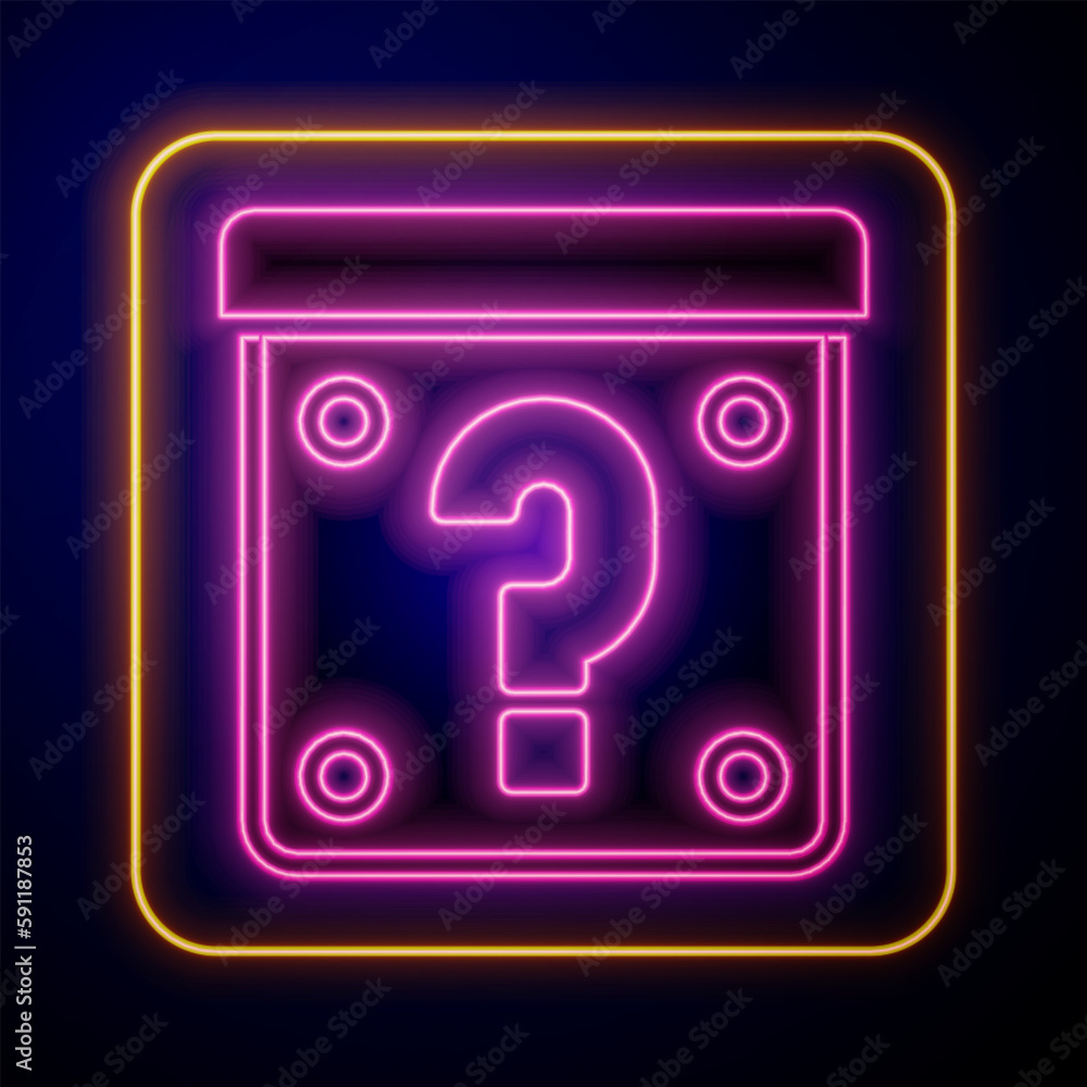 Poster glowing neon mystery box or random loot box for games icon isolated on black background. question ma