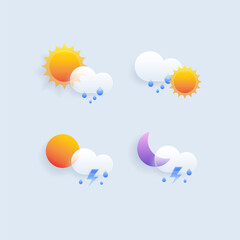 Set of different weather icons. Cloud, rain,moon, lightning,sonwflake. Vector illustration
