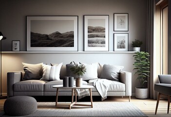 Minimalistic Modern Living Room Mock-Up with Bright Picture Frame and Concept Wallpaper. Generative AI