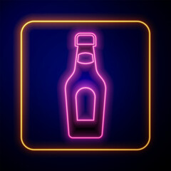 Glowing neon Champagne bottle icon isolated on black background. Merry Christmas and Happy New Year. Vector