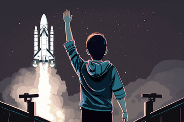 boy waving goodbye to spaceship, Generative AI