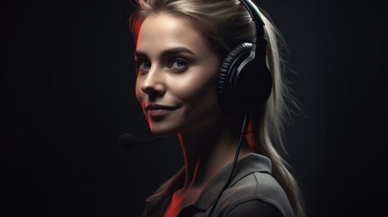 Very beautiful support girl wearing headphones with microphone created with generative AI technology