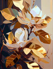 Gold Foil and Textured Look Illustration of White Magnolia Flowers on Branch. generative ai