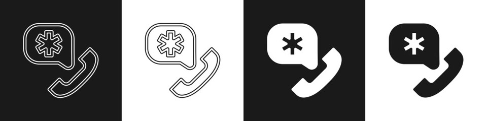 Fototapeta premium Set Telephone with emergency call 911 icon isolated on black and white background. Police, ambulance, fire department, call, phone. Vector