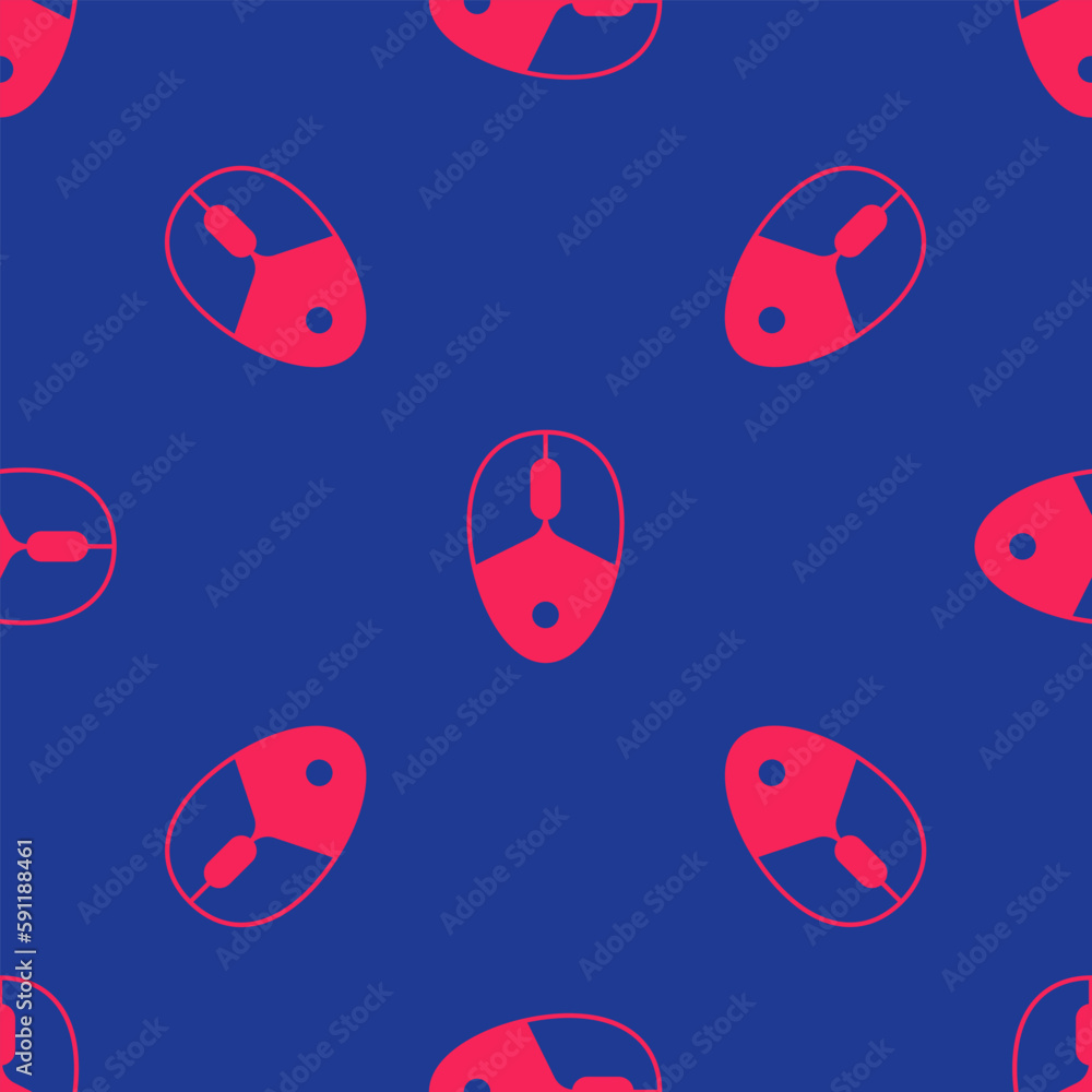 Poster red computer mouse gaming icon isolated seamless pattern on blue background. optical with wheel symb