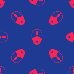 Naklejka premium Red Computer mouse gaming icon isolated seamless pattern on blue background. Optical with wheel symbol. Vector