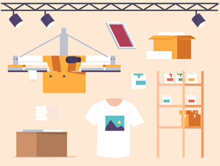 Set of Icons with Silk Screen Printing Studio Equipment, Machinery And Tools for Creating Unique Prints, Illustration