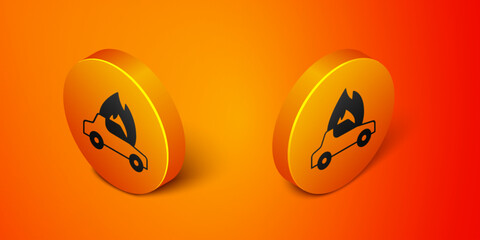 Isometric Burning car icon isolated on orange background. Car on fire. Broken auto covered with fire and smoke. Orange circle button. Vector