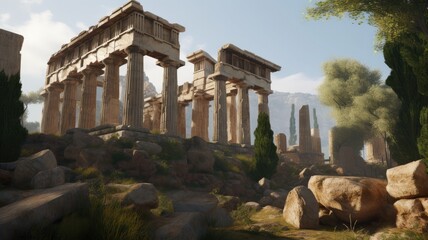 Illustration of an ancient greek temple in ruins - Generative AI