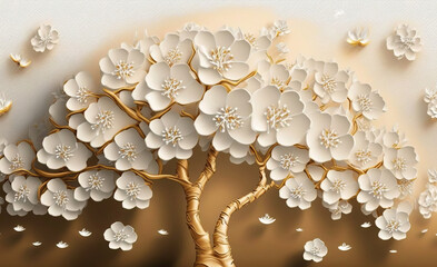 3d picture of a golden tree with white flower beautiful design background, Generative AI