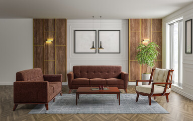 3D rendering interior modern living room white carpet , parquet floor and photo frame .modern furniture set.