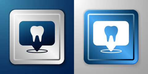 White Dental clinic location icon isolated on blue and grey background. Silver and blue square button. Vector