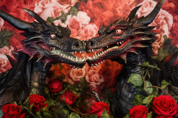 Couple of black dragons against a background of red roses