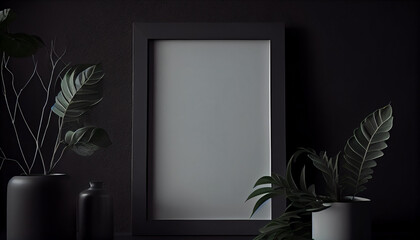 Blank picture photo frame mockup on black wall Ai generated image