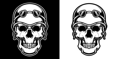 Skull in motorcycle helmet and goggles in black and white vintage monochrome style isolated vector illustration