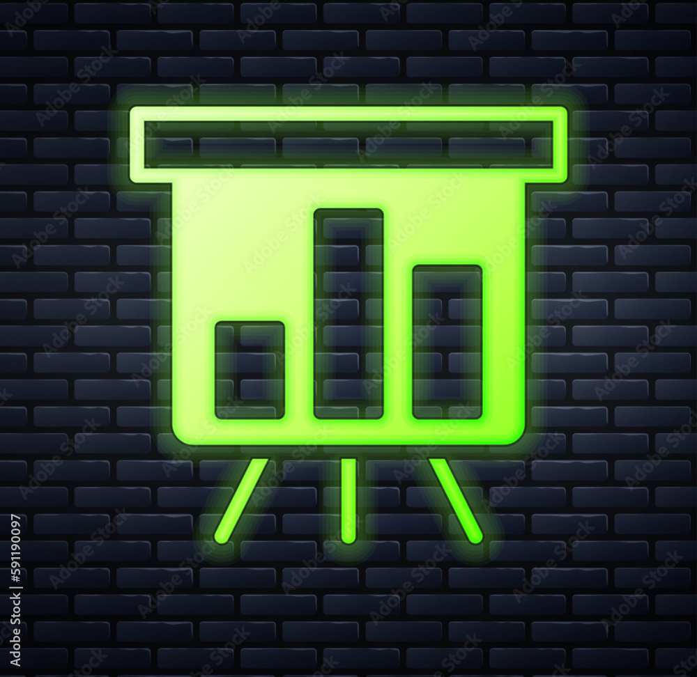 Poster glowing neon board with graph chart icon isolated on brick wall background. report text file icon. a