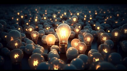 Many unlit lightbulbs lie, a lightbulb in the middle shines brightly,