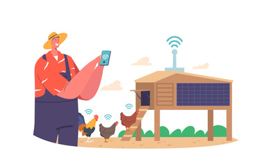 Farmer Character Control Chicken With Wifi On Smart Farm. Advanced Technology That Provides Real-time Monitoring