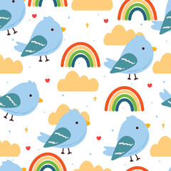 seamless pattern cartoon bird and rainbow. cute animal wallpaper for textile, gift wrap paper