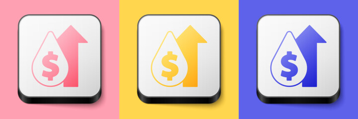 Isometric Oil price increase icon isolated on pink, yellow and blue background. Oil industry crisis concept. Square button. Vector