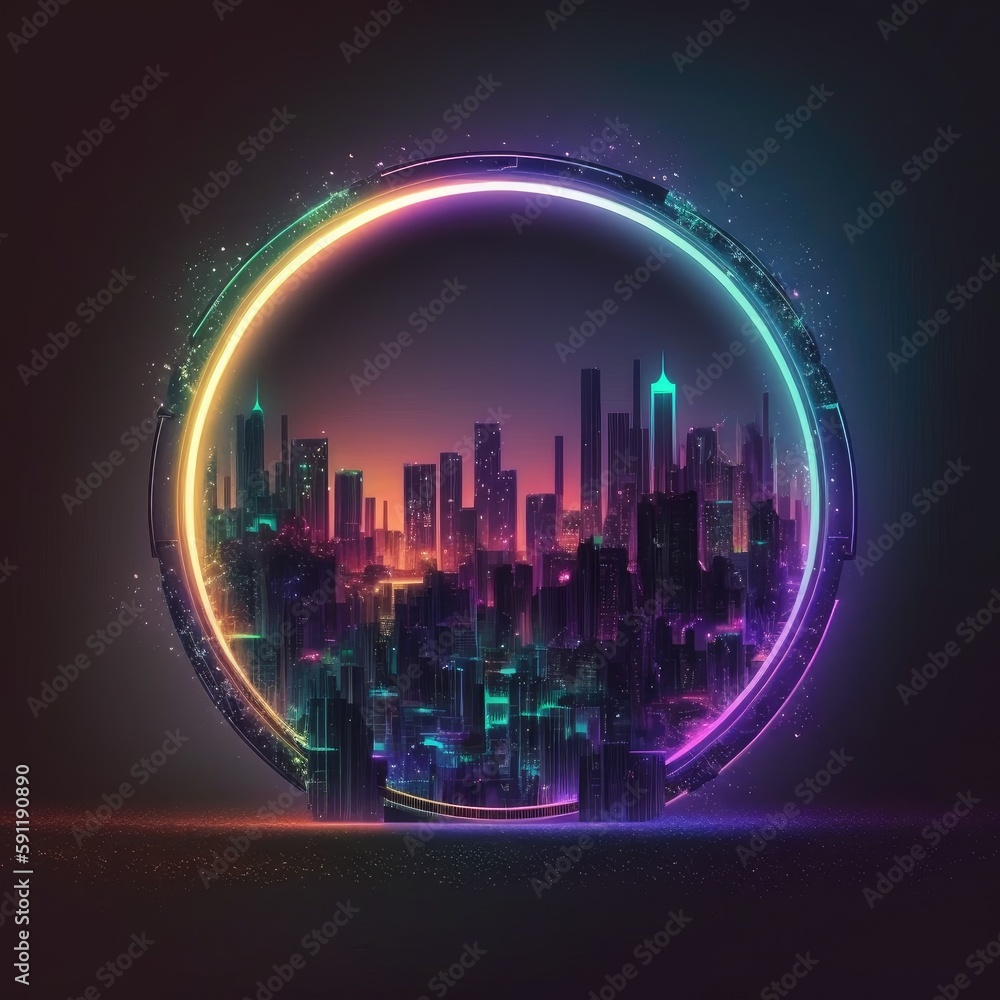 Poster futuristic of neon glowing in circle shape of cityscape. concept of colorful cyberpunk in building v