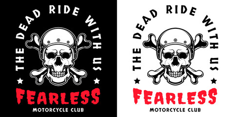 Skull wearing helmet motorcycle and Crossbones in black and white vintage monochrome style isolated