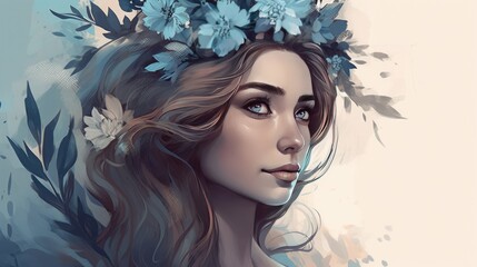Illustration portrait of a woman with flowers. AI generativ