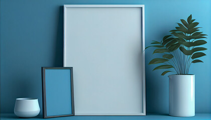 Blank picture photo frame mockup on blue wall Ai generated image